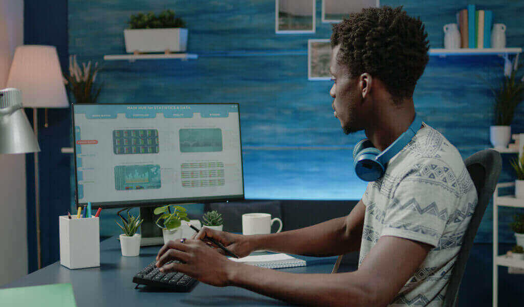 Yield Farming. Stock market broker working with charts of global currency data